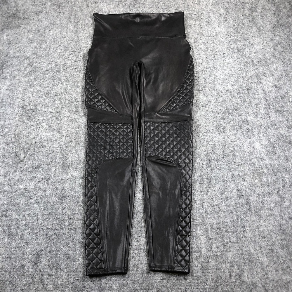 Spanx Leggings Womens M Black Faux Leather Moto Quilted High Rise Stretch Ankle